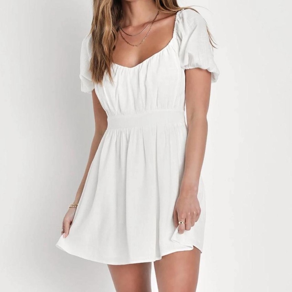 Lulus White Baby Doll Milkmaid puff Sleeve Mini Dress Large romantic coquette